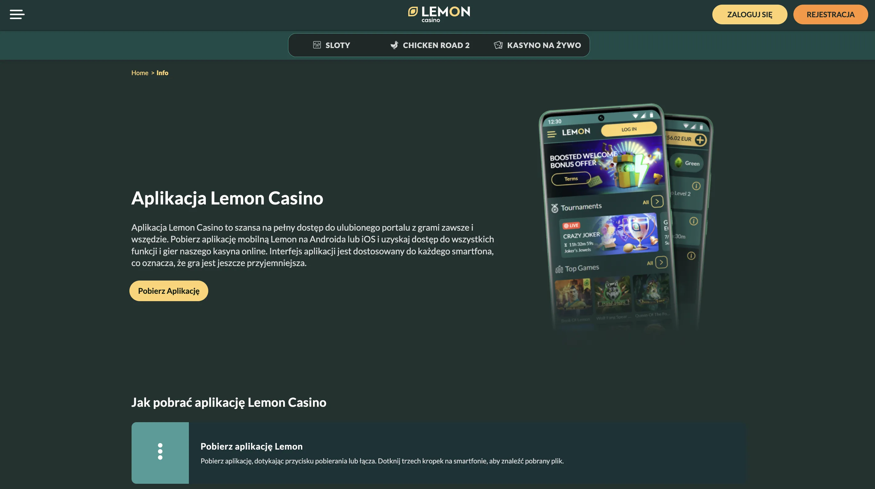 Lemon Casino aplikacja PWA na telefon – gra mobilna bez pobierania Lemon Casino aplikacja PWA na telefon – ekran mobilny